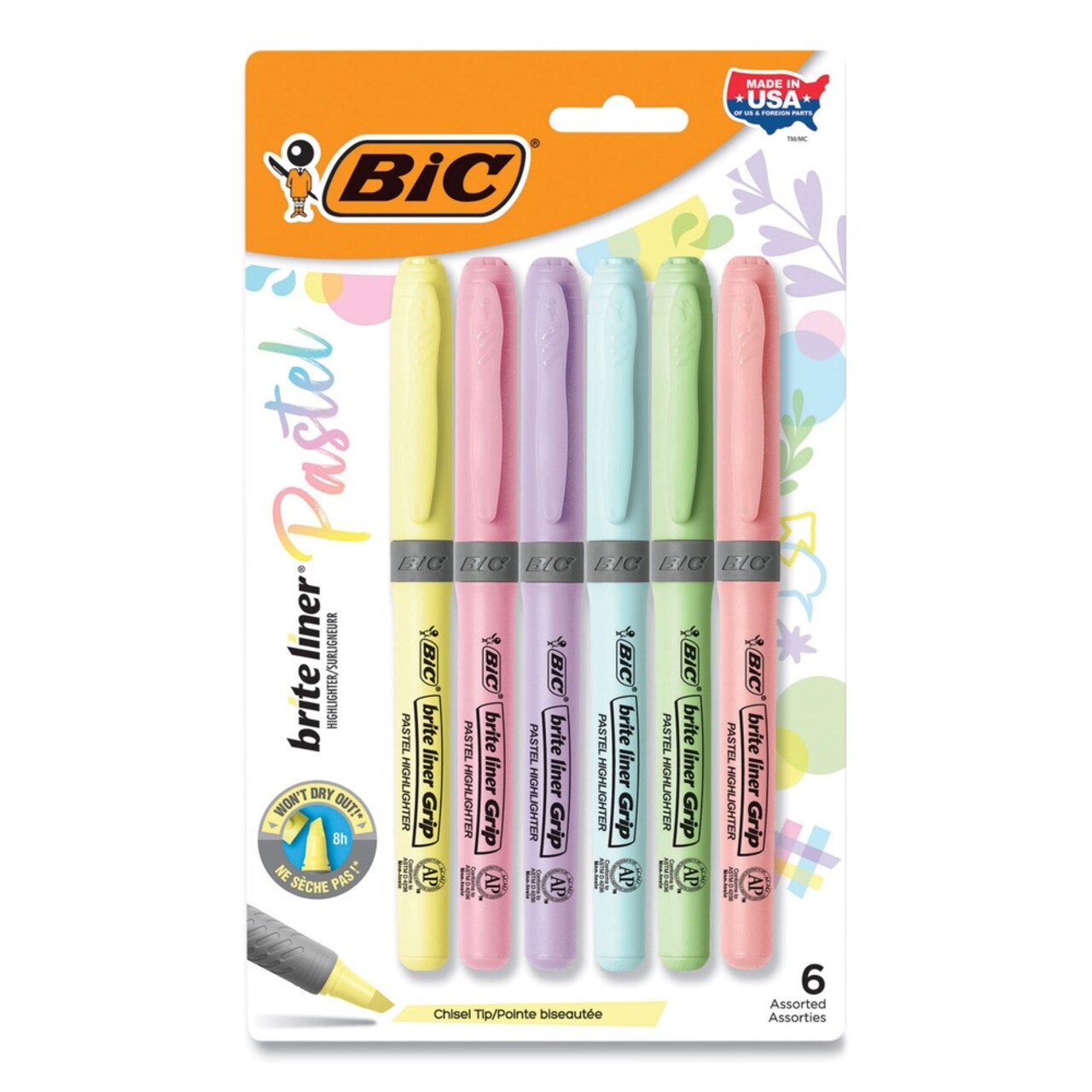 BIC Brite Liner Chisel Tip Grip Pocket Highlighter - Assorted Ink/Barrel Colors (6/Pack)